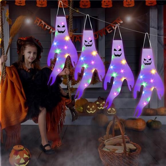 Halloween Decorations Ghost Windscoks Lights 19.4Ft Outdoor Hanging Ghost Lights - Picture 2 of 8